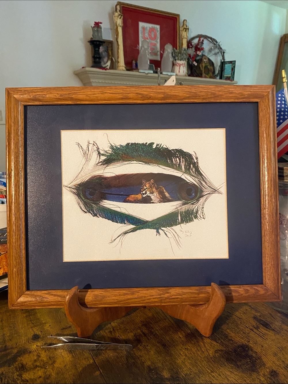 Peacock Feather Mountain Lion Art Print in Oak Frame